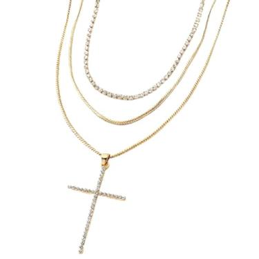 Imagem de Zurlcdye Colares de cruz em camadas para mulheres, pingente de cruz de strass de ouro grosso, corrente delicada, moderna, batismo cristão, presentes de Natal, joias e presentes, Zinco, Sem Pedra