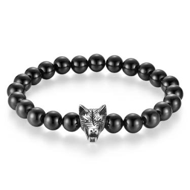 Imagem de RGEMCY Pulseira masculina de olho de tigre de 8 mm com detalhes em pedra relâmpago, com pingente de cabeça de lobo de aço inoxidável, pulseira elástica estilo viking, 8.27Inches, Ágata preta Olho de