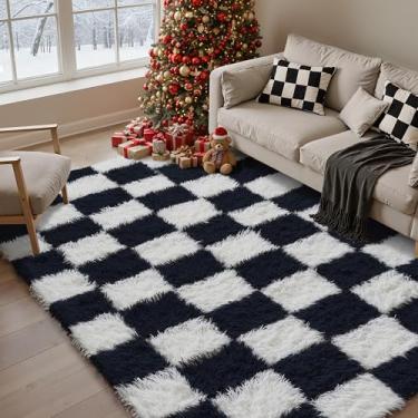 Imagem de PureCozy Tapete xadrez 12 x 20 cm para sala de estar, preto e branco, moderno, supermacio, lavável, tapete felpudo antiderrapante para quarto, casa, decoração estética