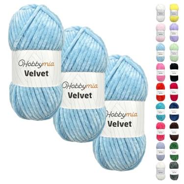 Imagem de HobbyMia Veludo - fio de chenille para crochê - 100 g / 132 jardas - (6) super volumoso - fio fofo para crochê - cobertor de bebê, amigurumi, xale (azul - azul bebê, 3 novelos)