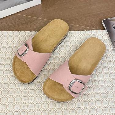 Imagem de Sandálias femininas planas com suporte de arco, confortável, com pé de cortiça, fivela ajustável e espuma viscoelástica para férias de verão na praia, rosa, 35