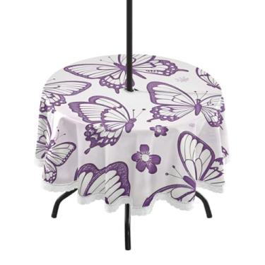Imagem de Qilmy Toalha de mesa redonda impermeável Purple Butterflies de 152 cm com orifício para guarda-chuva e zíper – uso externo / interno resistente para pátio, churrascos, piqueniques, festas (serve para