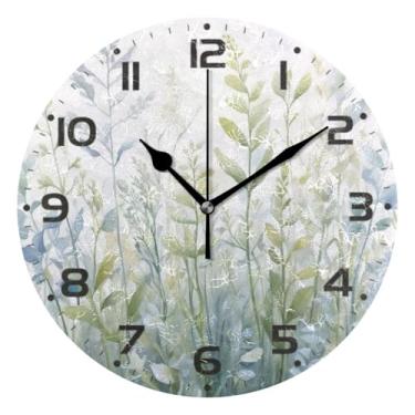 Imagem de JUZIHAI Relógio de parede com plantas e flores, silencioso, sem tique-taque, redondo, operado por bateria, fácil de ler, relógio decorativo de parede para casa, cozinha, sala de estar, quarto