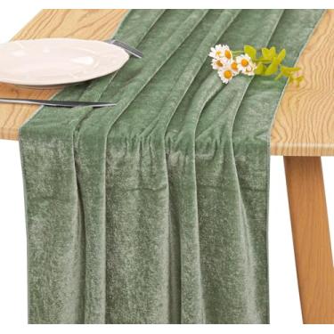 Imagem de JALANCY Caminho de mesa de veludo 50 x 300 cm, 3 m, luxuoso, grosso, de veludo macio, Natal, Ação de Graças, casamento, recepção de casamento, decoração de recepção de festa (verde sálvia, 1 pacote)