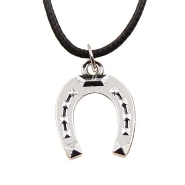 Imagem de EDCRFV Colar pingente de ferraduras de prata tibetana com cordão de couro preto feito à mão