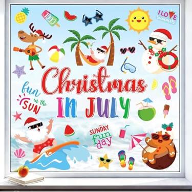 Imagem de JarThenaAMCS Adesivos de janela de Natal em julho dupla face desenho animado verão Papai Noel boneco de neve adesivos decalque de vidro para praia tropical havaiana casa escritório sala de aula festa