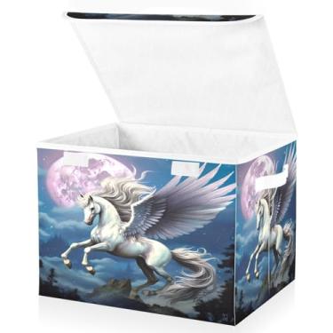 Imagem de Blueangle Cestos de armazenamento de cavalo branco com tampas, 42 x 32 x 30 cm, grande cesta organizadora dobrável para decoração de escritório e armário (53)