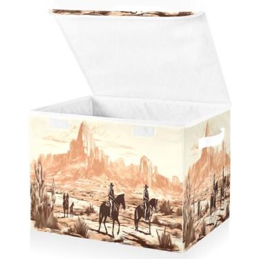 Imagem de Blueangle Cestos de armazenamento Western Cowboys com tampas, 42 x 32 x 30 cm, grande cesta organizadora dobrável para decoração de casa e escritório (405)