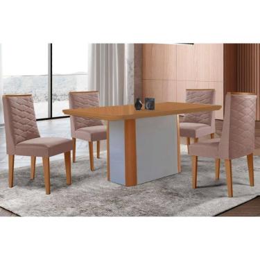 Imagem de Conjunto: Mesa Sala Jantar Pietá Tampo Curvo 120cm+4 Cadeiras Dafne Madeira Naturale/Off White - Capuccino/Linho Capuccino - Rufato