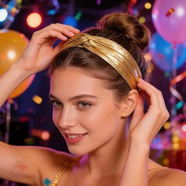 Imagem de Faixa de cabeça dourada metálica brilhante para baile de formatura, festa de discoteca, acessórios de cabelo para mulheres dos anos 70 com glitter metálico brilhante para cabelo grosso e fino, faixa