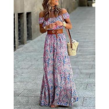 Imagem de Vestido longo feminino rosa e azul Paisley - Vestido longo com cinto de ombro caído, rosa, Small