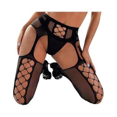 Imagem de Meias-calças Elásticas Pretas Com Listras E Cinto De Ligas Sem Entrepe