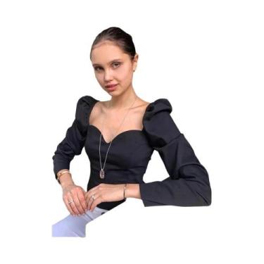 Imagem de Blusa Feminina Vintage Com Manga Bufante E Decote Em V, Ajuste Slim, C