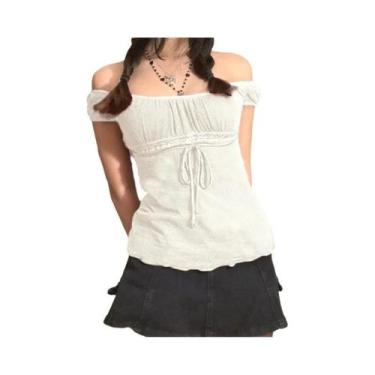 Imagem de Camiseta Feminina Ombro a Ombro De Renda Com Cordão Estilo Coreano Doc