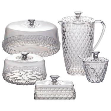 Imagem de Kit boleira baixa, queijeira, açucareiro, manteigueira e jarra de plástico Cristal incolor Plasutil