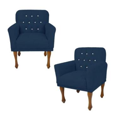 Imagem de Conjunto 2 Cadeira Poltrona Estofada Para Sala Anitta Suede Azul Marin