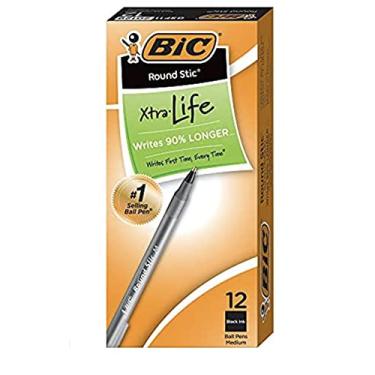 Imagem de Caneta esferográfica BIC redonda Stic Xtra Life, ponta média (1,0 mm), preta, 12 unidades, VAR