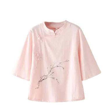 Imagem de Camiseta feminina estilo chinês Cheongsam de linho de algodão solto verão gola alta fivela floral bordado top, Rosa 2, PP