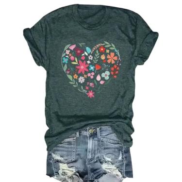 Imagem de Camiseta feminina com estampa de flores boêmias, vintage, estampa de flores silvestres, casual, botânica, manga curta, Verde - 3, G