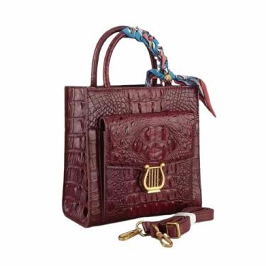 Imagem de Bolsa feminina com pele de jacaré genuína, pequena, bolsa de ombro cruzada, autêntica de couro de crocodilo verdadeiro, bolsa de mão, Borgonha, 20cm(Length) x 20cm(Height) x 10cm(Deep)