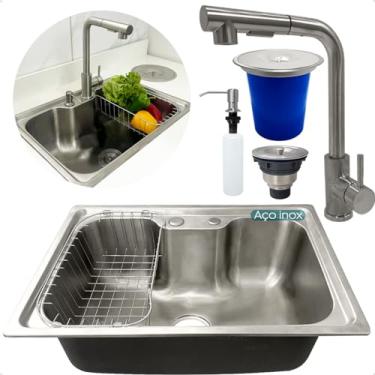 Imagem de Dona D Cor, Kit Cozinha Cuba Gourmet Inox 304 60x42 Torneira 90° Monocomando Lixeira De Embutir 5L Porta Detergente 500ml Valvula E Sifão Kit Completo 6 Peças