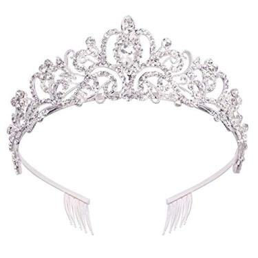 Imagem de Tiara de cristal coroas para mulheres meninas princesa elegante coroa com pentes tiaras femininas nupcial casamento baile festa de aniversário-ouro rosa (prateado)