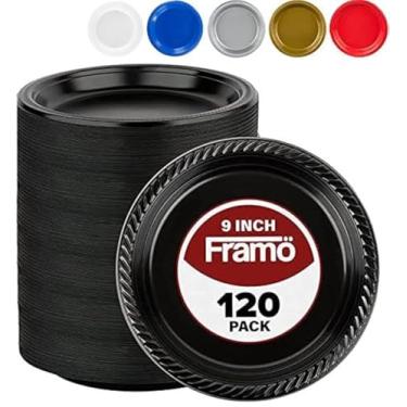 Imagem de Pratos de plástico preto descartáveis, pacote com pratos de plástico redondos de 30 a 22 cm para eventos especiais, festas, jantares, piqueniques ou viagens - pacote a granel pratos de plástico para festas - pode ir ao micro-ondas
