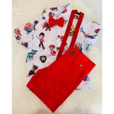 Imagem de Conjunto Menino Infantil Luxo Temático Patrulha Canina +Bermuda Vermel