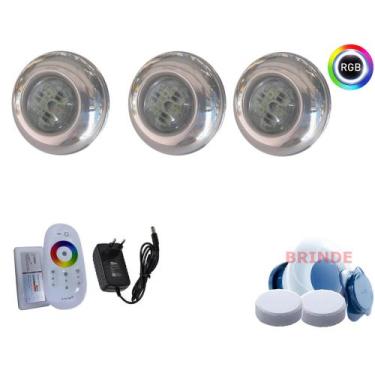 Imagem de Kit iluminação luminaria led inox piscina - 03 led 15w rgb + central t