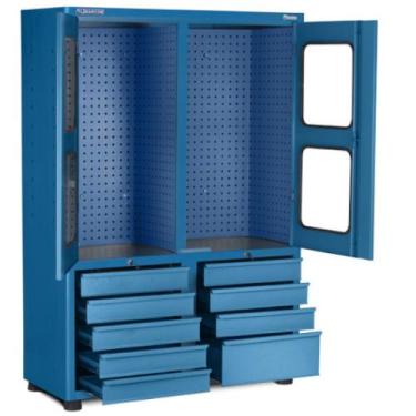 Imagem de Armário para ferramentas com 3 prateleiras 9 gavetas e portas de vidro