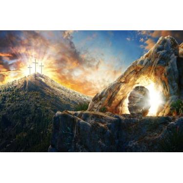 Imagem de Painel de Lona Túmulo de Jesus Cristo Cruzes e Luzes Páscoa Iluminada 