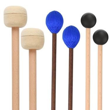Imagem de 3 pares de marimba de teclado de fio rígido azul, martelo de borracha preta, martelo de tímpano com cabeça de feltro, bastão de bumbo para glockenspiel, martelo de xilofone com alças de madeira para