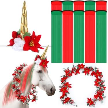 Imagem de XunYee 12 peças de acessório para cavalo, inclui faixa de cabeça floral, chifre espiral, 10 crina e cauda de cabelo de pônei cintilante e videira rosa rosa para decoração de festa de aniversário de