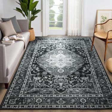 Imagem de YJ.GWL Tapete grande para sala de estar, 12 x 18 cm, lavável à máquina, tapete boêmio para quarto, tapete fino leve e leve floral vintage para sala de jantar, azul marinho