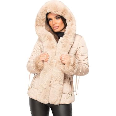 Imagem de Casaco feminino acolchoado acolchoado lateral com cinto de pele e capuz jacet, bege, 12