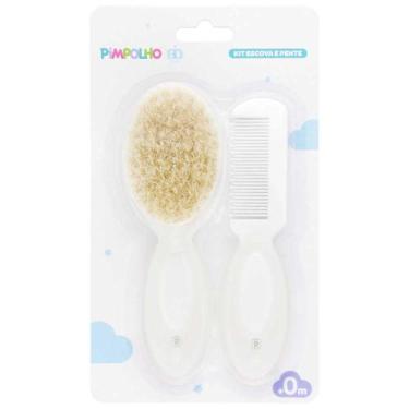 Imagem de Kit pente e escova de cerdas naturais p/bebe - PIMPOLHO, BRANCO
