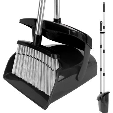 Imagem de Conjunto de vassoura e pá de lixo, vassoura de cabo longo de 129,5 cm com conjunto combo de pá de lixo, pá de lixo à prova de vento com dentes autolimpantes, vassoura doméstica preta, varredora de