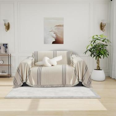 Imagem de DREAMINGO Capa de poltrona de chenille, capa de sofá jacquard lavável, protetor de móveis, capa de sofá reclinável, 1 almofada reversível, bege, cinza claro, listrada, cobertor de sofá 180 cm x 180 cm