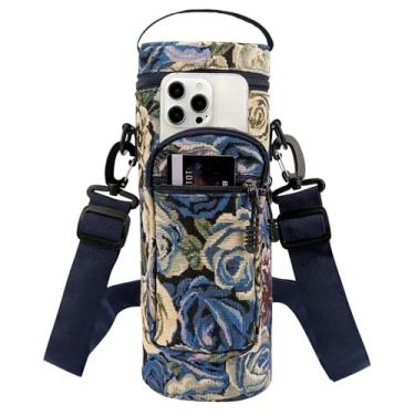 Imagem de Linkidea Suporte para garrafa de água com alça compatível com garrafa YETI Yonder 1,5 L/1,417 g, suporte para bolsa esportiva para garrafa de água, alça de ombro com bolso para telefone, flor azul