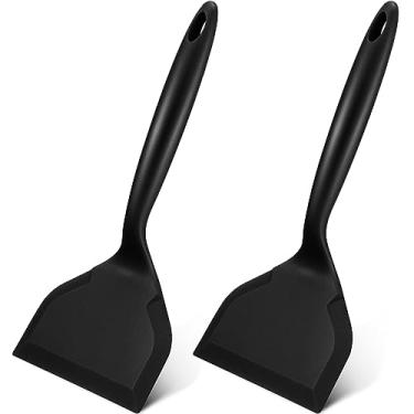 Imagem de 2 peças de panquecas de silicone espátula larga espátula antiaderente pá frita espátula de peixe espátula de silicone ampla e flexível espátula para panelas antiaderentes ovo biscoito omelete (preto)