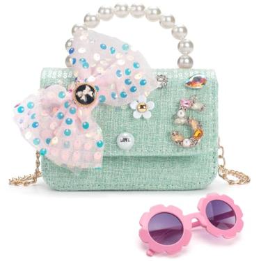 Imagem de LJCTULY Bolsa infantil para meninas com óculos de sol, bolsa transversal infantil com alça de pérola, bolsa pequena para meninas, Azul claro