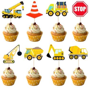 Imagem de 24 PCS Construction Cupcake Toppers Stop Sign Dump Truck Excavator Tractor Party Cake Food Picks Decorations for Construction Theme Baby Shower Kids Birthday Party Supplies