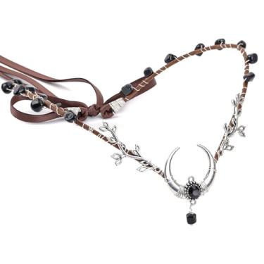 Imagem de Fantasy Fairy Moon Elf Crown - Black Crystal Crowns Viking Pagan Headwear for Women Hair Accessory, Myth Witch Elven Circlet for Dark Queen Renaissance Halloween Cosplay Costumes