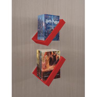 Imagem de Prateleira Porta Livros Suporte Estante Nicho Decorativo Parede 2 Peças Vermelho Laca