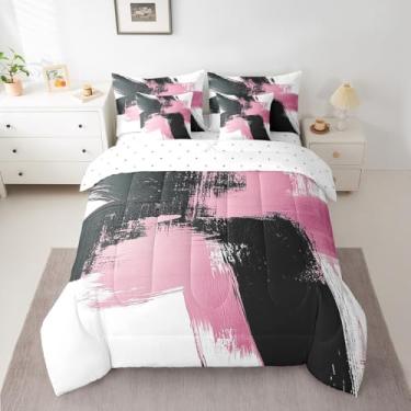 Imagem de Feelyou Jogo de cama infantil Queen com arte abstrata, moderno, rosa e preto, conjunto de edredom com lençol geométrico, para meninos e meninas, macio