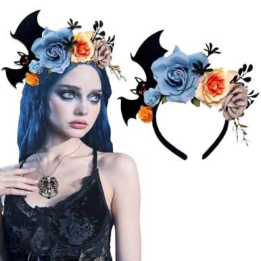 Imagem de Ncozwo Faixa de cabelo de Halloween com rosas de morcego e flores, coroa de cabeça de fantasma gótico, noiva, rainha, acessório de cabelo para o Dia dos Mortos, Azul, G