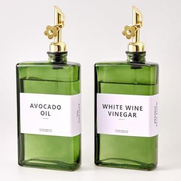 Imagem de MUVEKA Garrafa dispensadora de azeite de oliva para cozinha, conjunto de garrafas dispensadoras de vinagre, recipiente de molho de vidro, galheteiro de óleo com etiquetas, escova, funil, rolhas, verde