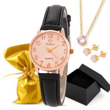 Imagem de Kit Relógio Eura Couro Dourado Colar e Brinco com Caixa Presenteavel, 