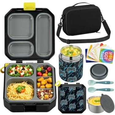 Imagem de Itslife Conjunto de lancheira Bento para crianças com lancheira térmica e de sopa de 350 ml, recipientes de comida à prova de vazamento para crianças escolares, 5 compartimentos, xícara de molho, 10