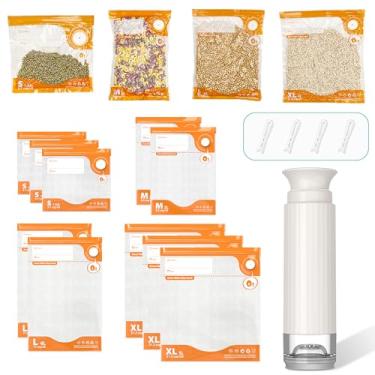 Imagem de Kit selador a vácuo com 15 peças, sacos reutilizáveis (1 bomba manual + 20 sacos + 6 clipes), material PA + PE, armazenamento hermético de alimentos para frescor, ideal para cozinhar, preparar